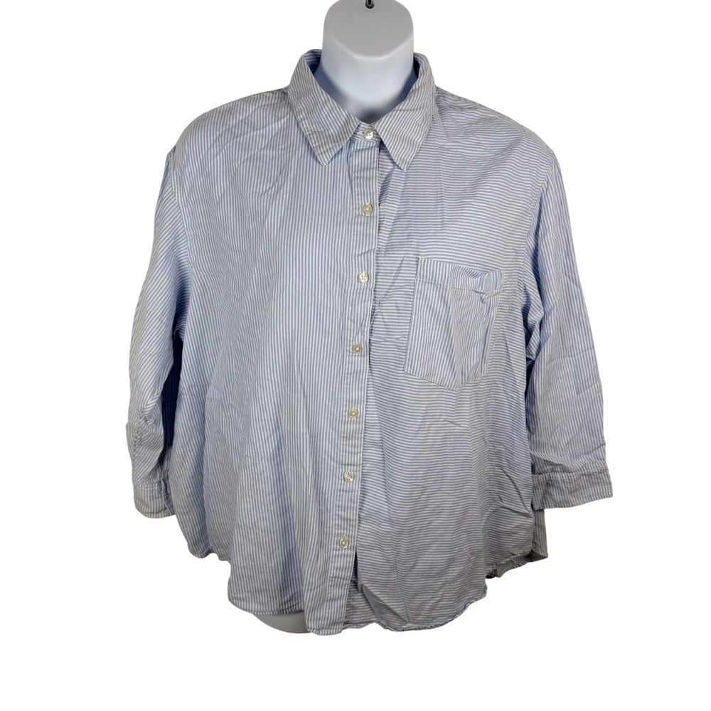 Terra & Sky 2X Blue Striped Button Up Shirt 100% Cotton 3/4 Sleeve Beachy Casual